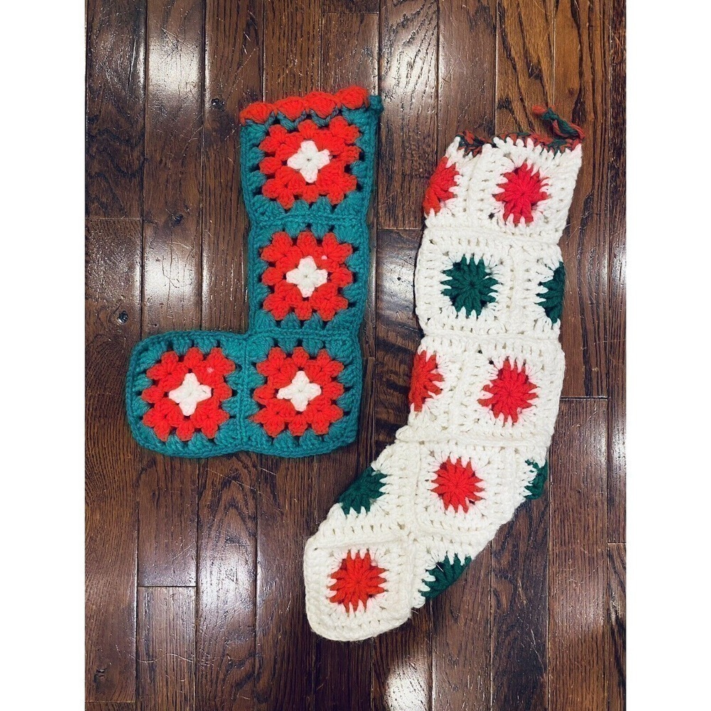 Set Granny Square Christmas Stockings Lot of 2 Grannycore Vintage Holiday Decor